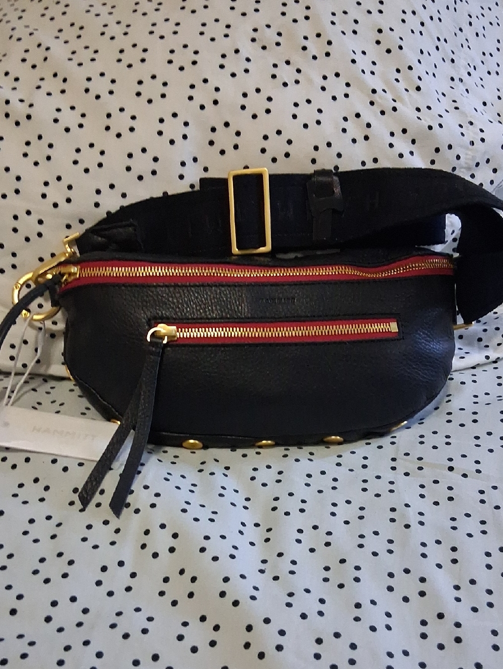 Hammitt Black Crossbody Bag with Red Trim and Gold Hardware